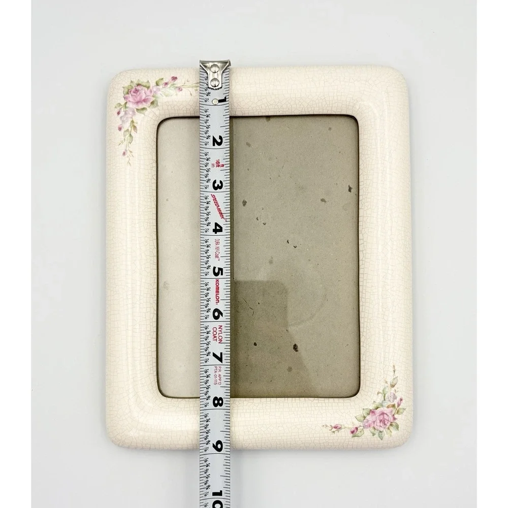 VTG Ceramic Crackle Glaze Picture Frame Cream Pink Rose Floral Cottagecore 5x7